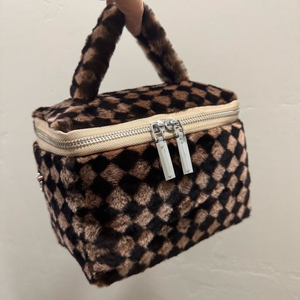 Checkerboard Real Shearling Leather Handmade Boxy Bag Set/Lamb Fur Crossbody Bag - Picture 5 of 16